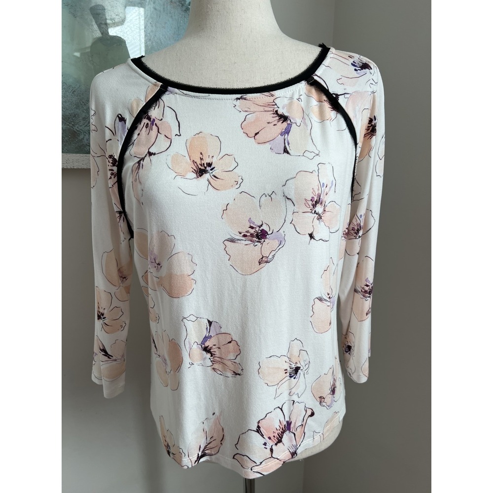 St. John Top Sz Small White Pink Floral Boat Neck 3/4 Sleeve Coquette Watercolor